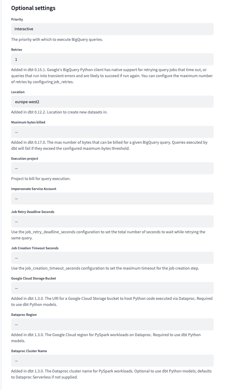 BigQuery optional configuration BigQuery optional configuration