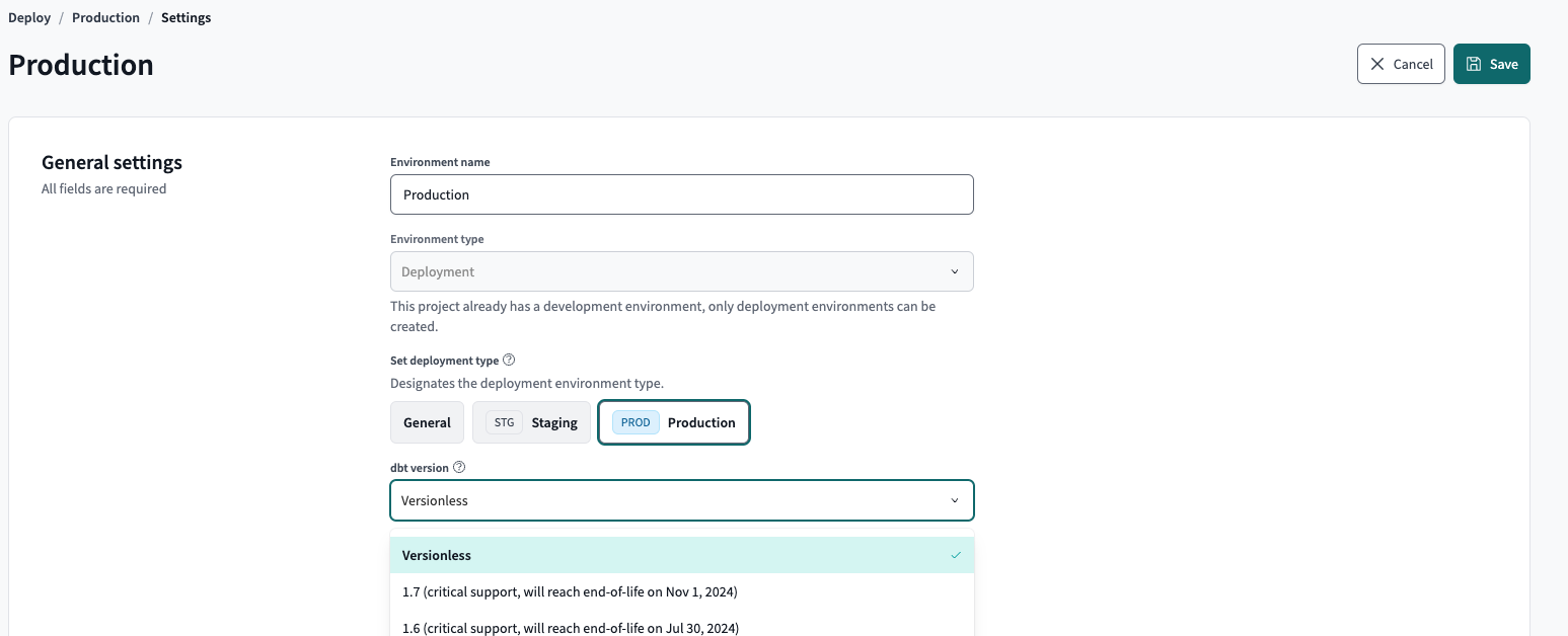 Example environment settings in dbt Cloud